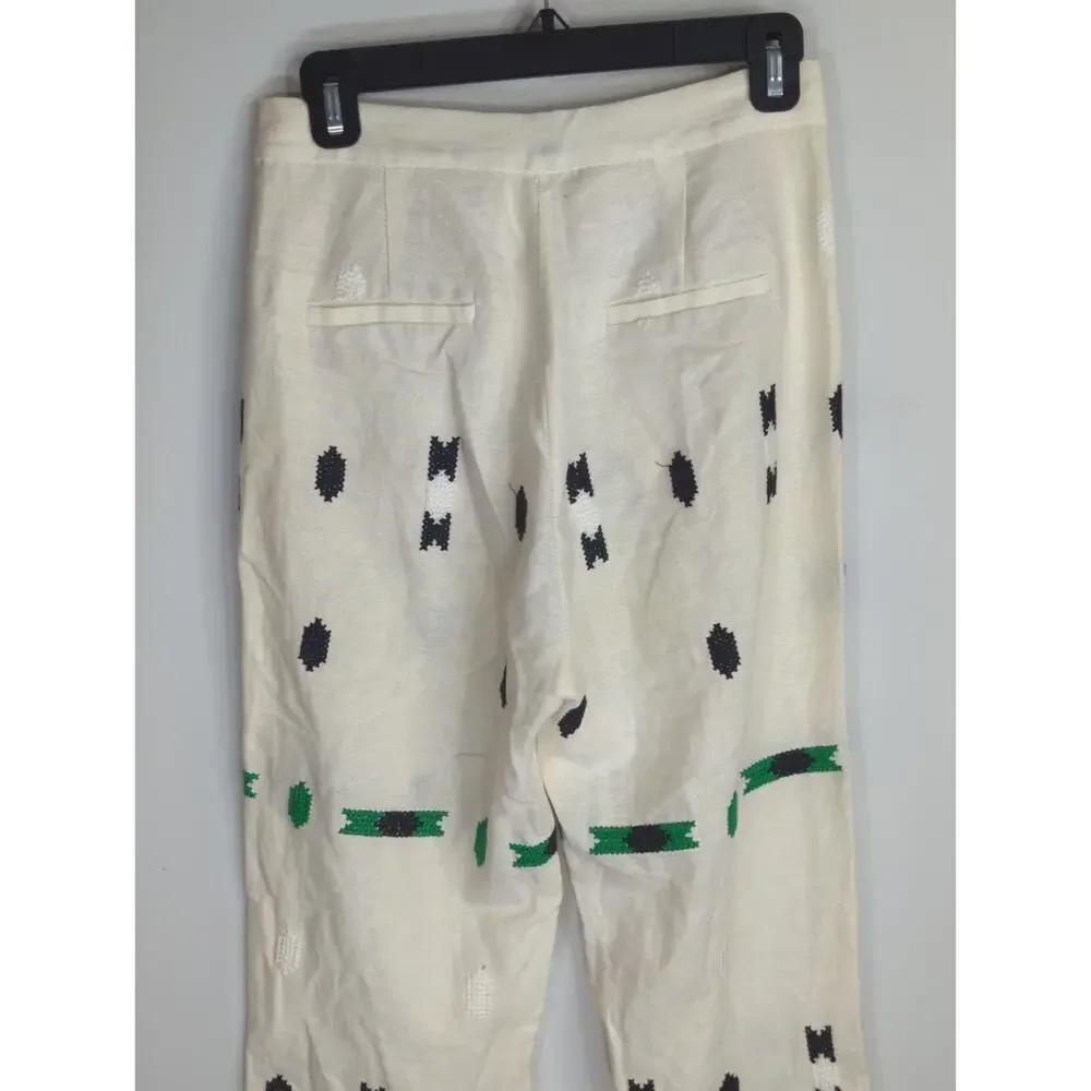 Zara White‎ & Green Geometric Embroidered Linen Pants Small Coastal Bohemian